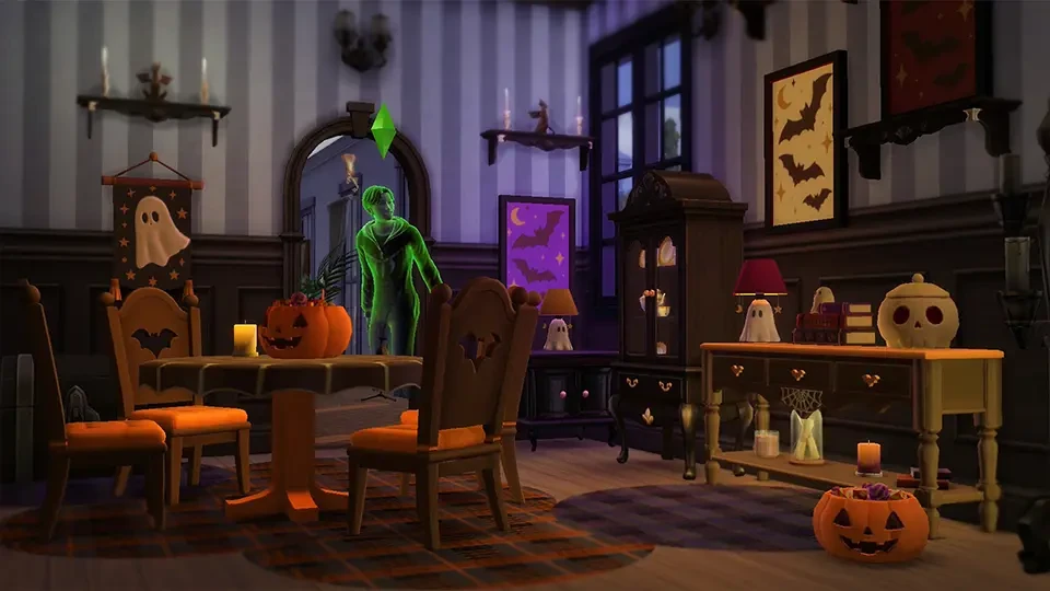 Comedor decorado con fantasmas, calabazas y muebles de Halloween.