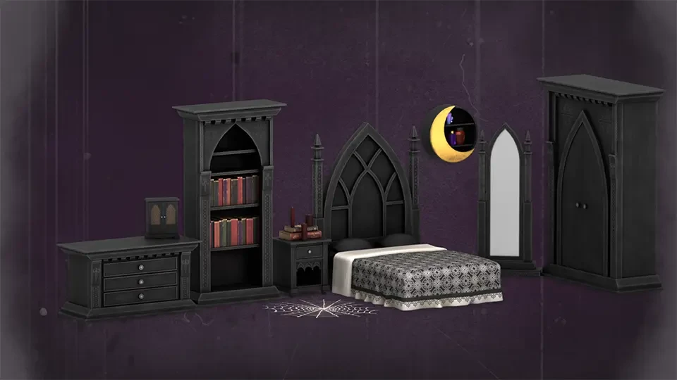 Muebles góticos de dormitorio en negro, con estanterías y decoración lunar.